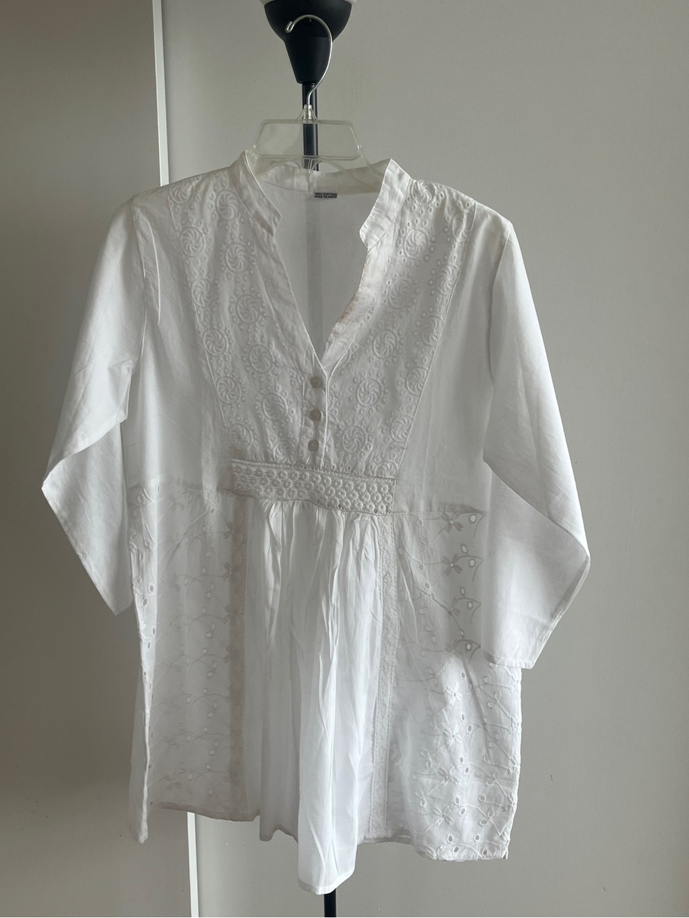 New Fabindia Style Tunic Top Blouse 100% Cotton Crochet Lace Eyelet White Large